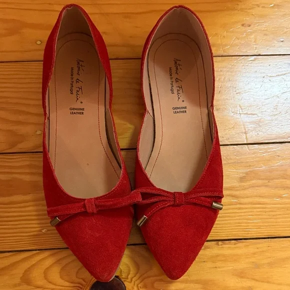 Red Suede Flats with Bow Accent - Picture 1 of 3